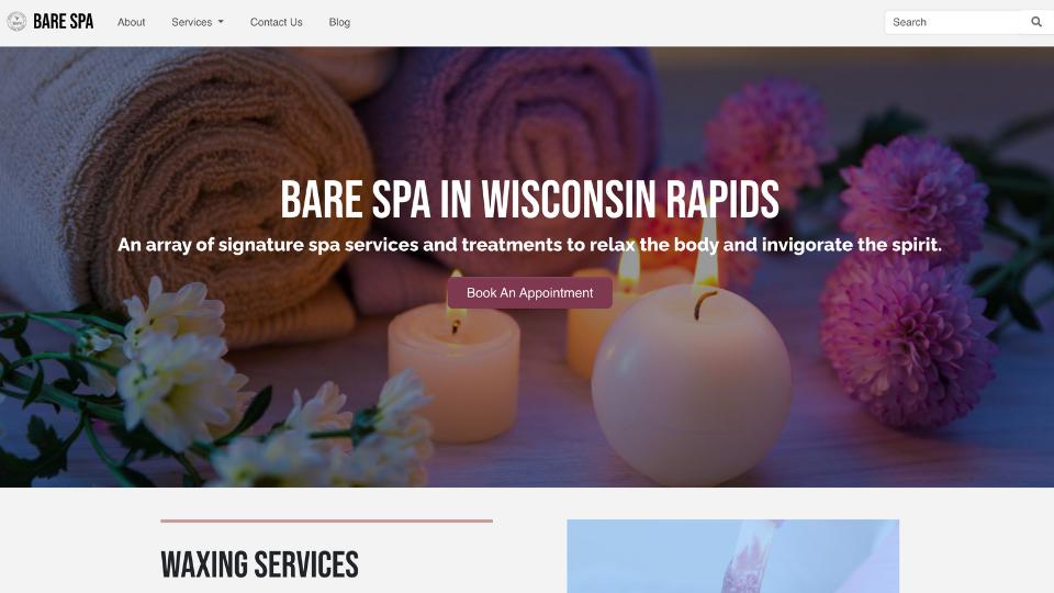 Bare Spa Homepage Bare Spa homepage featuring calming candles, flowers, and soft towels, promoting spa services with a 'Book An Appointment' button